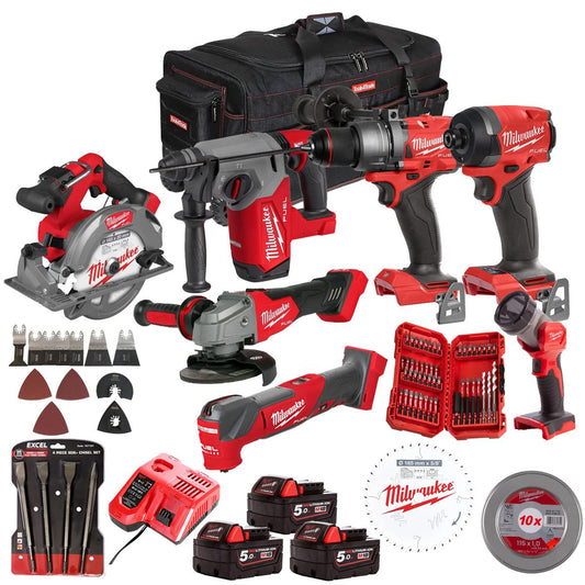 Milwaukee M18FPP7T3-503BA 18V FUEL Brushless 7 Piece Tool Kit 3 x 5.0Ah Batteries, Charger & Accessories Set