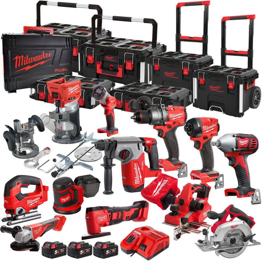 Milwaukee 18V 12 Piece Power Tool Kit with 3 x 5.0Ah Battery Charger & Trolley Toolbox