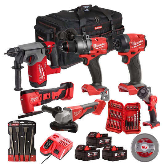 Milwaukee M18FPP6P3-503BA 18V 6 Piece Tool Kit with 3 x 5.0Ah Battery, Charger & Accessories Set