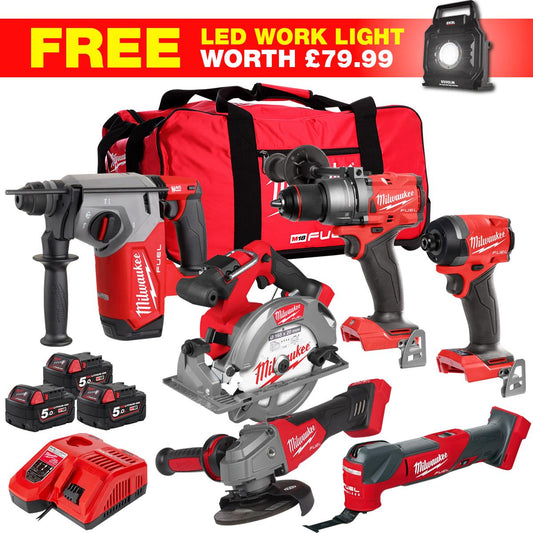Milwaukee M18FPP7A3-503BWLF5 18V 7 Piece FUEL Brushless Tool Kit 3 x 5.0Ah Batteries Charger & Wheeled Bag